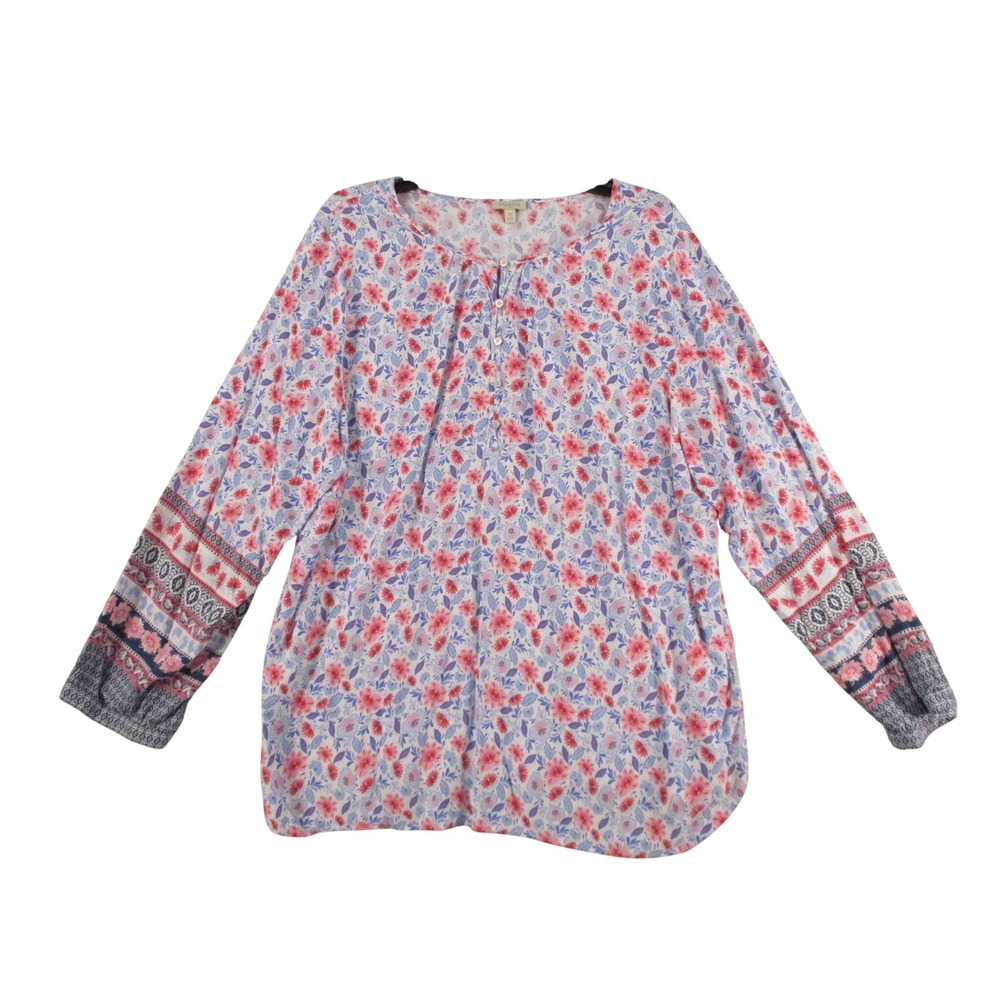 Talbots Plus Womens 3X Floral Henley Blouse Pink Blue Rayon Long Sleeve VN5084